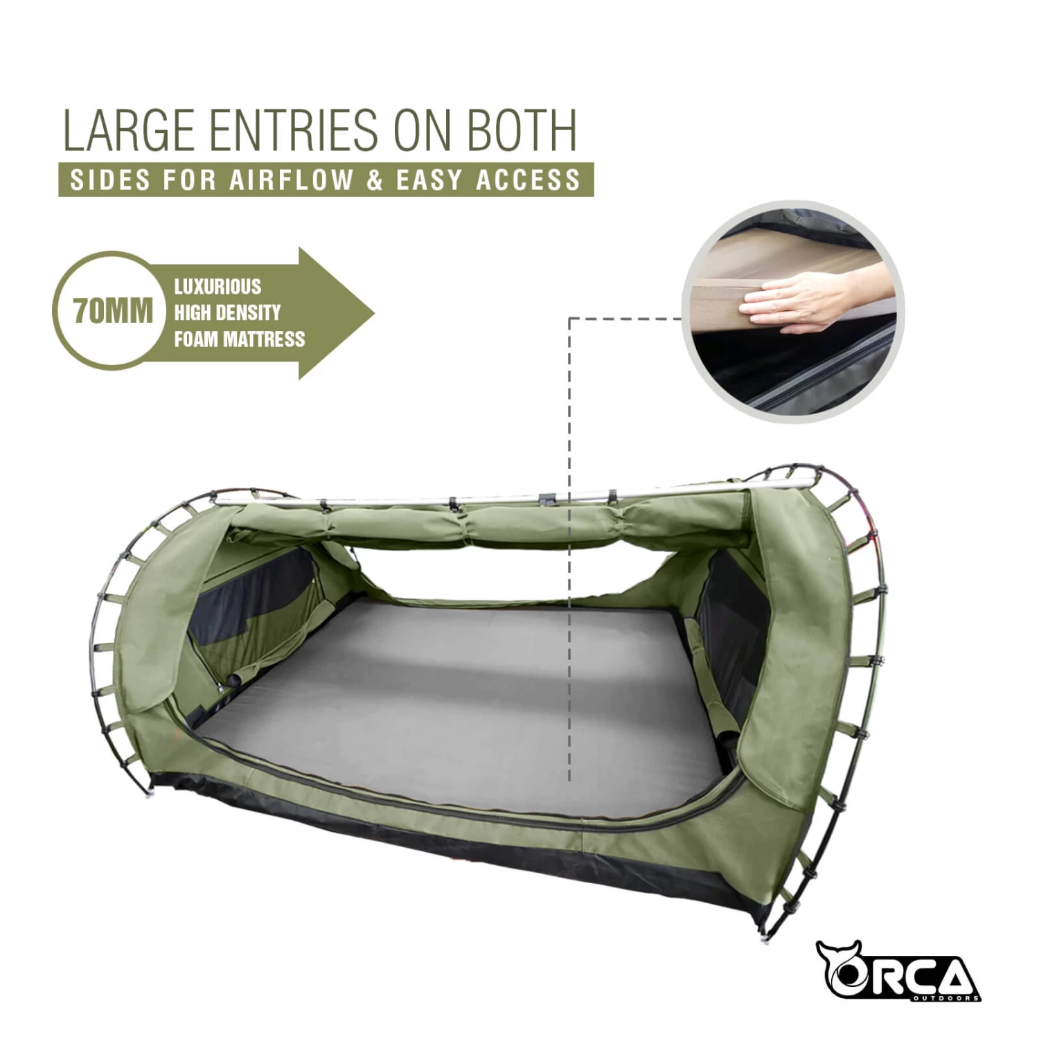 Orca Outdoors Deluxe Double Size Canvas Swag With 70mm Mattress And Awning Poles - Khaki 10 Orca Outdoors Deluxe Double Size Canvas Swag With 70mm Mattress And Awning Poles - Khaki - Image 9
